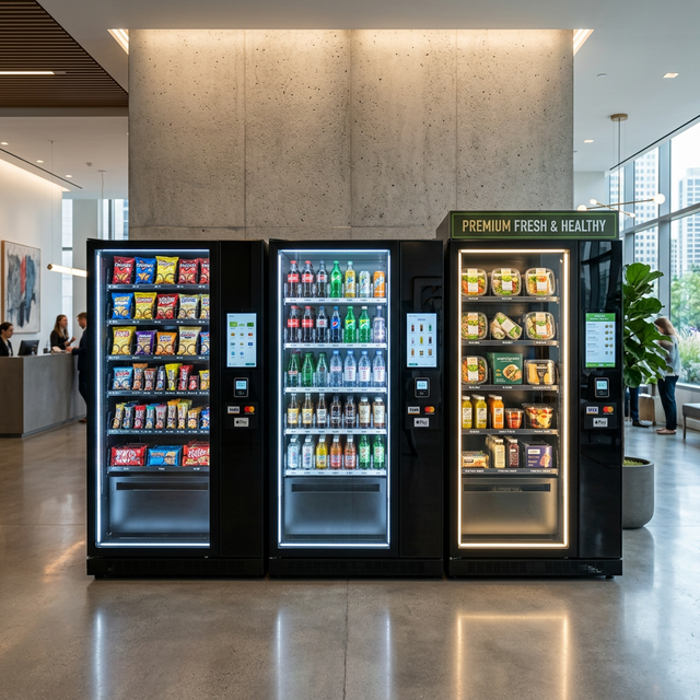 Modern glass-front vending machines in a workplace break room
